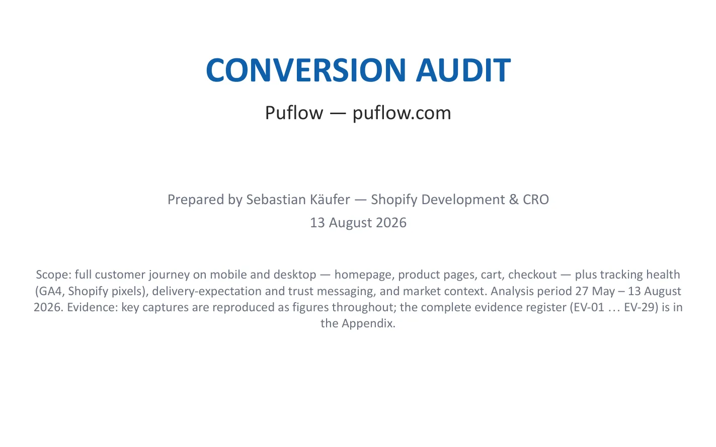 Cover of the delivered Puflow conversion audit, 13 August 2026