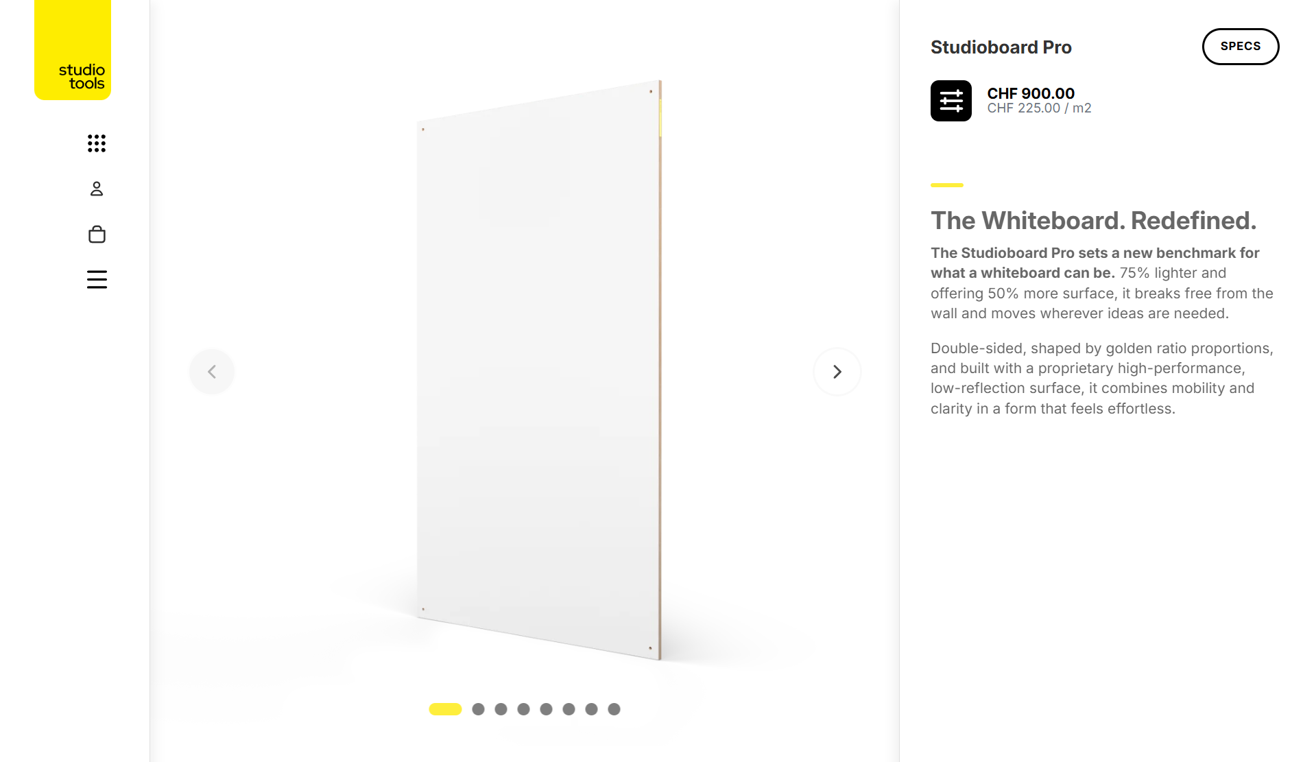 Studio.tools B2B Shopify theme, product page with spec sheet